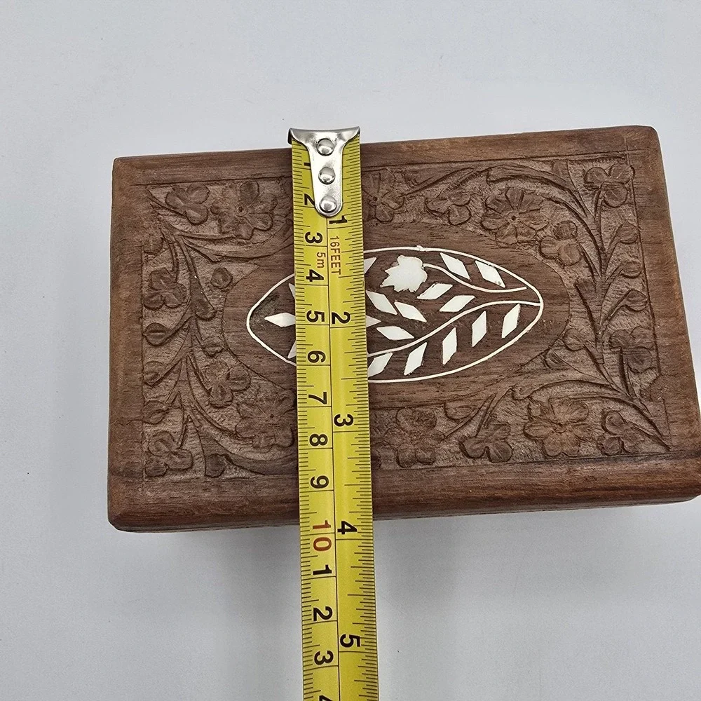 Vintage Hand Carved Wood Box Floral Design Inlay velvet lined Jewelry Box